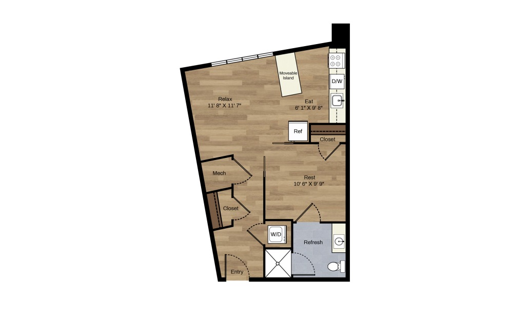 B-10 - 1 bedroom floorplan layout with 1 bath and 516 square feet.