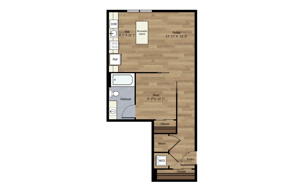 B-11 - 1 bedroom floorplan layout with 1 bath and 593 square feet.