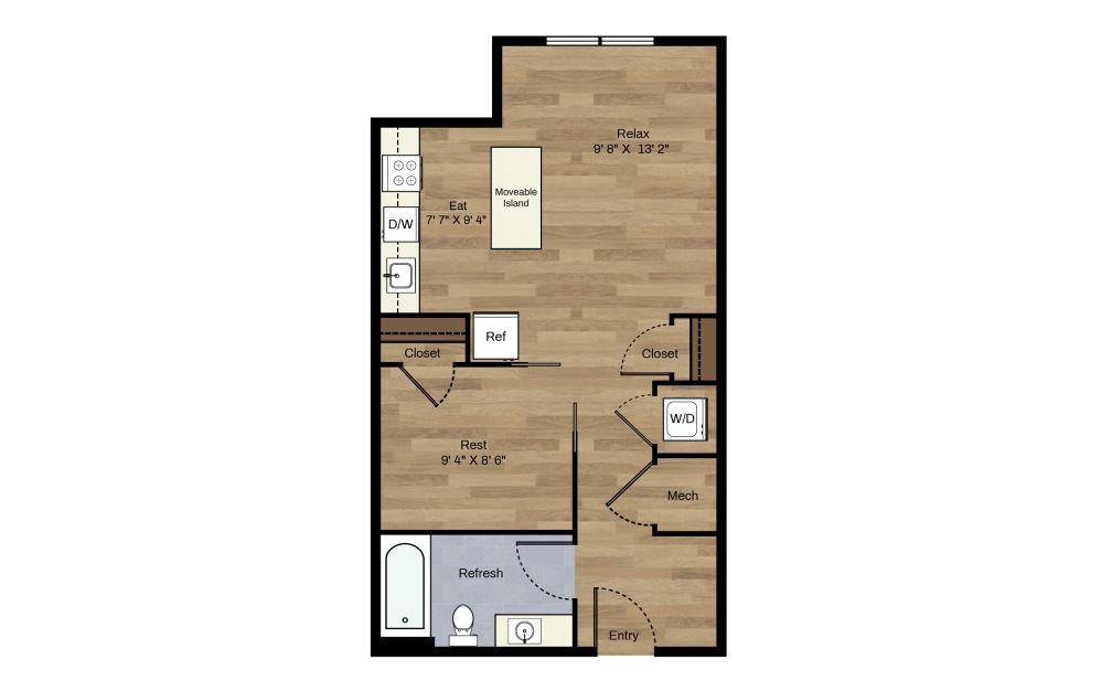 B-12 - 1 bedroom floorplan layout with 1 bath and 531 square feet.