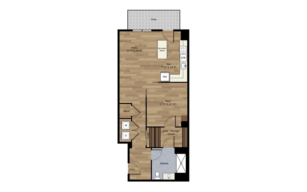 B-2 - 1 bedroom floorplan layout with 1 bath and 764 square feet.