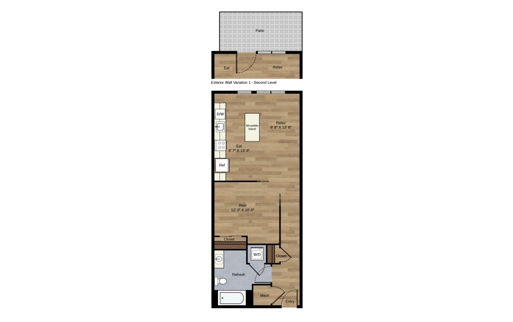 B-3 - 1 bedroom floorplan layout with 1 bath and 623 square feet.