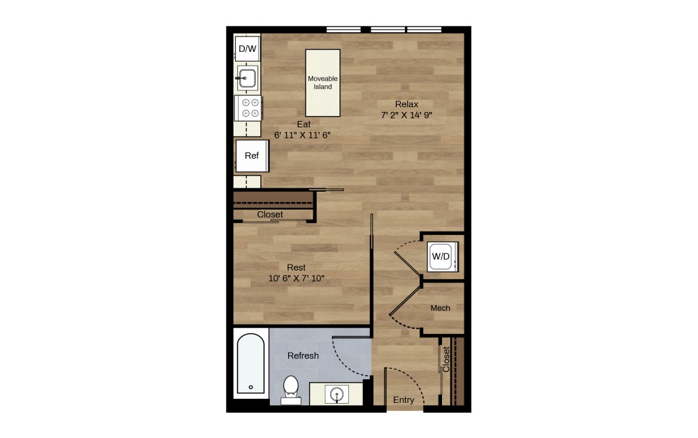 B-6 - 1 bedroom floorplan layout with 1 bath and 488 square feet.