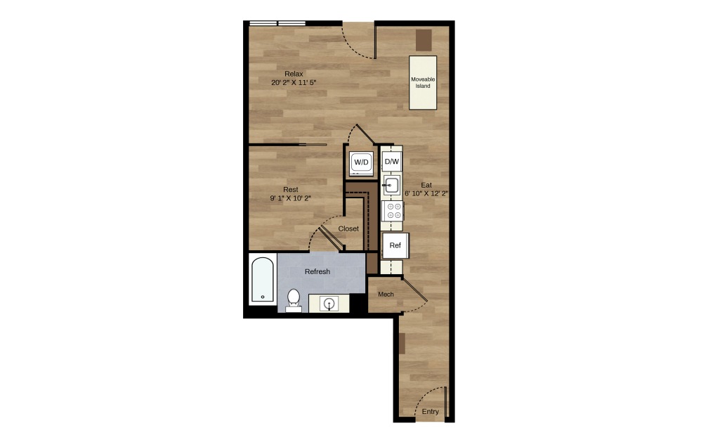 B-7 - 1 bedroom floorplan layout with 1 bath and 647 square feet.