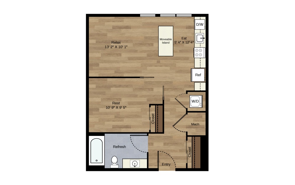 B-8 - 1 bedroom floorplan layout with 1 bath and 530 square feet.