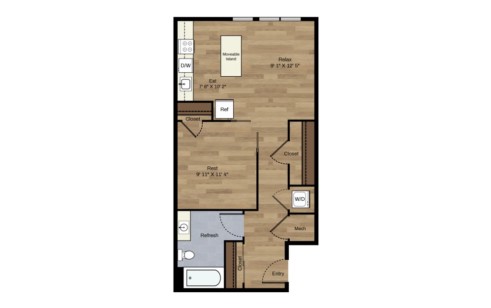 B-9 - 1 bedroom floorplan layout with 1 bath and 544 square feet.