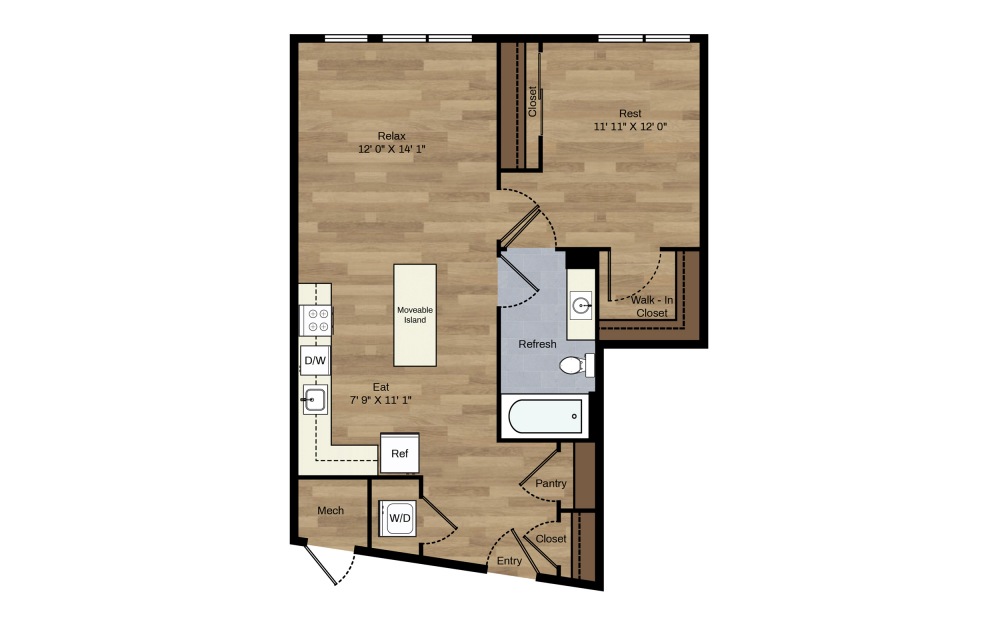 C-13 - 1 bedroom floorplan layout with 1 bath and 683 square feet.