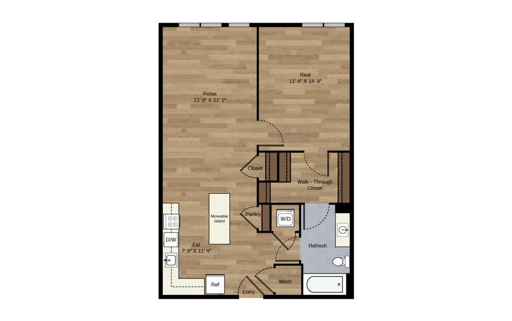 C-1 - 1 bedroom floorplan layout with 1 bath and 765 square feet.