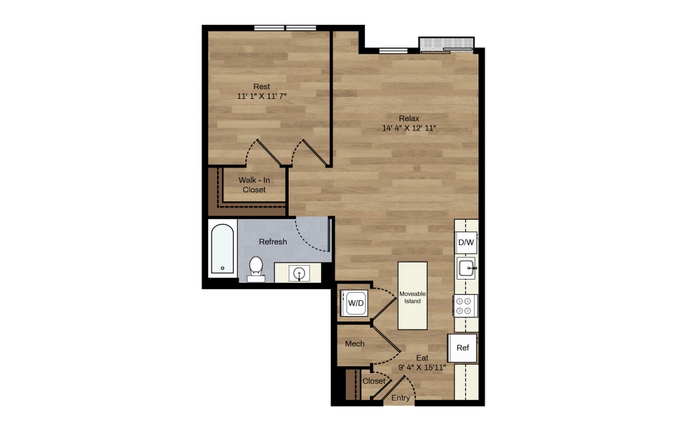 C-7 - 1 bedroom floorplan layout with 1 bath and 661 square feet.