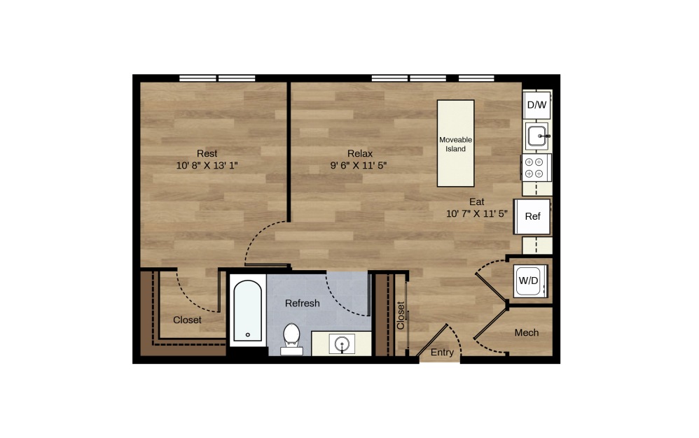 C-9 - 1 bedroom floorplan layout with 1 bath and 611 square feet.