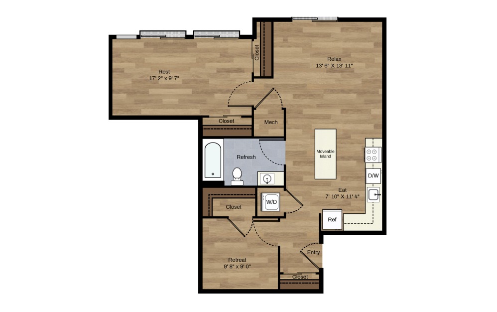 D1 + Den - 1 bedroom floorplan layout with 1 bath and 783 square feet.