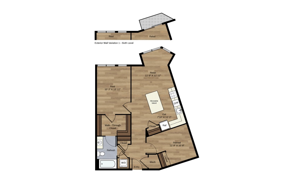 D3 + Den - 1 bedroom floorplan layout with 1 bath and 832 square feet.