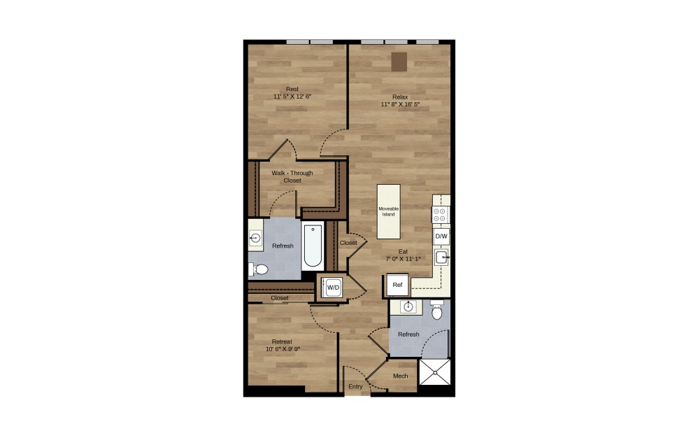 E-1 + Den - 1 bedroom floorplan layout with 2 baths and 896 square feet.