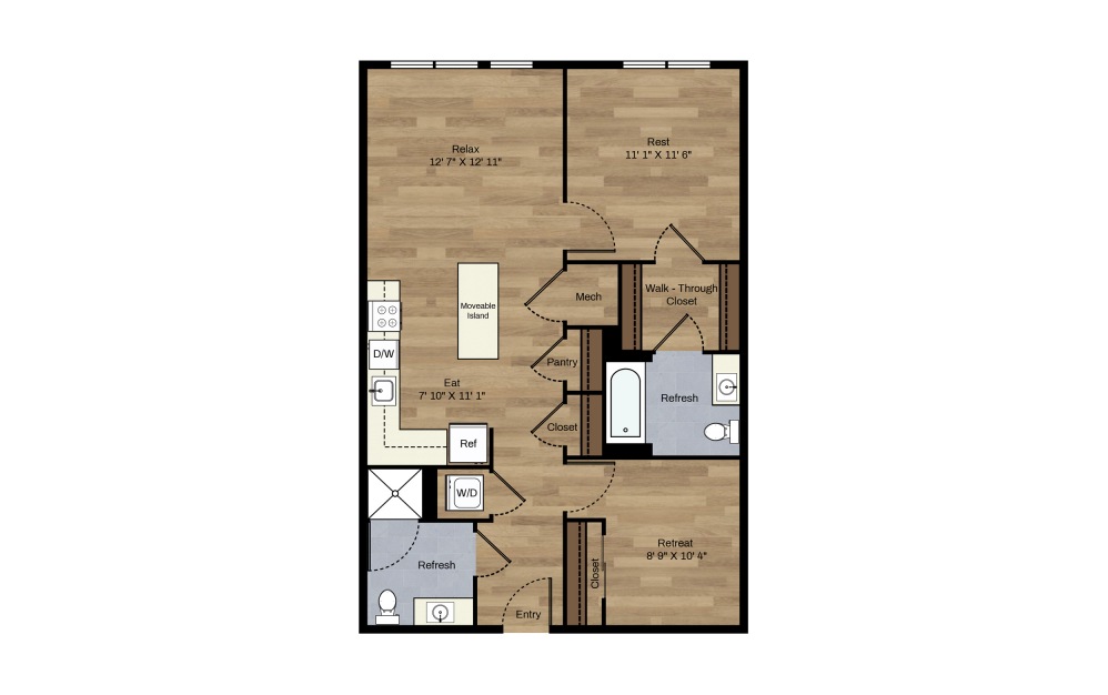 E-3 + Den - 1 bedroom floorplan layout with 2 baths and 832 square feet.