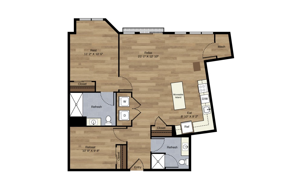 E-5 + Den - 1 bedroom floorplan layout with 2 baths and 1051 square feet.