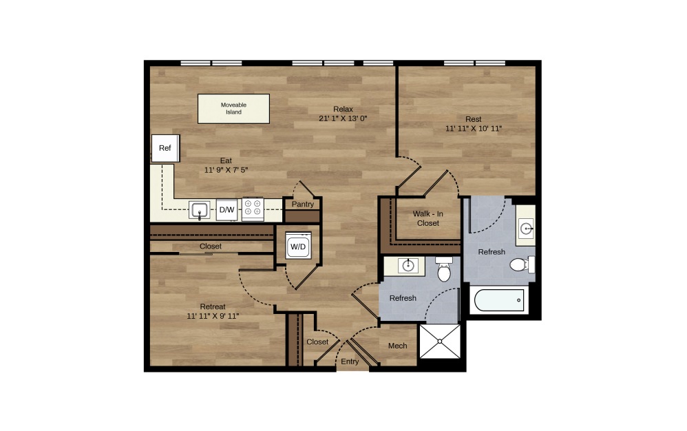 E-6 + Den - 1 bedroom floorplan layout with 2 baths and 843 square feet.