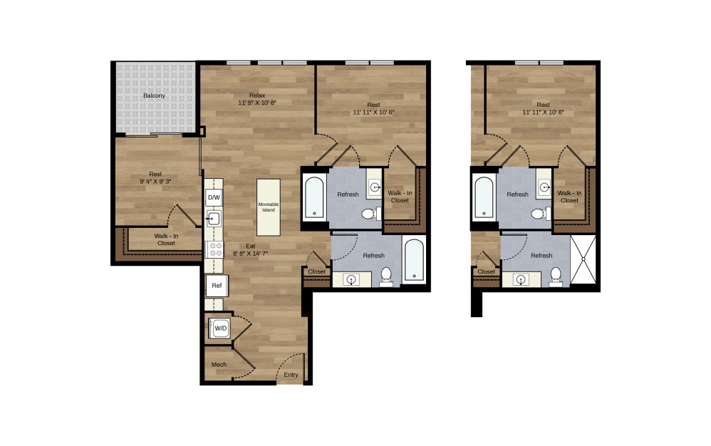 E-7 + Den - 1 bedroom floorplan layout with 2 baths and 842 square feet.