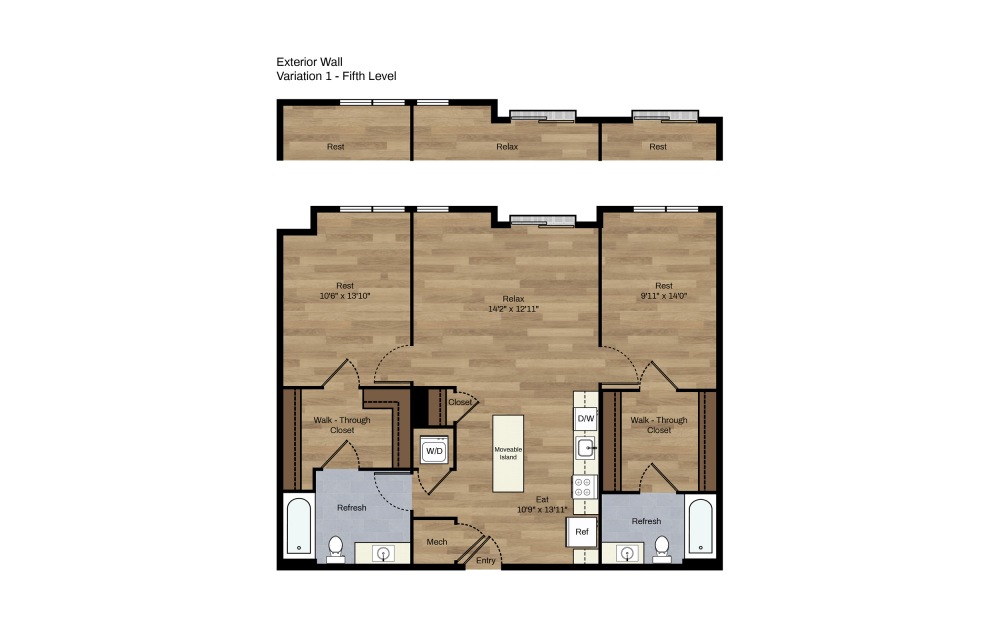 F-10 - 2 bedroom floorplan layout with 2 baths and 1009 square feet.
