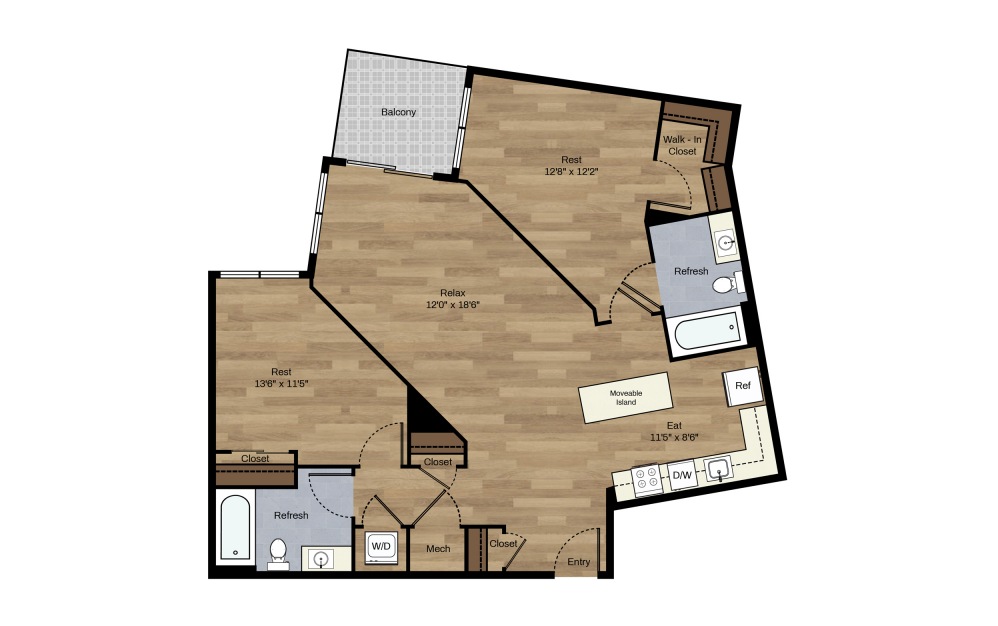 F-12 - 2 bedroom floorplan layout with 2 baths and 1006 square feet.