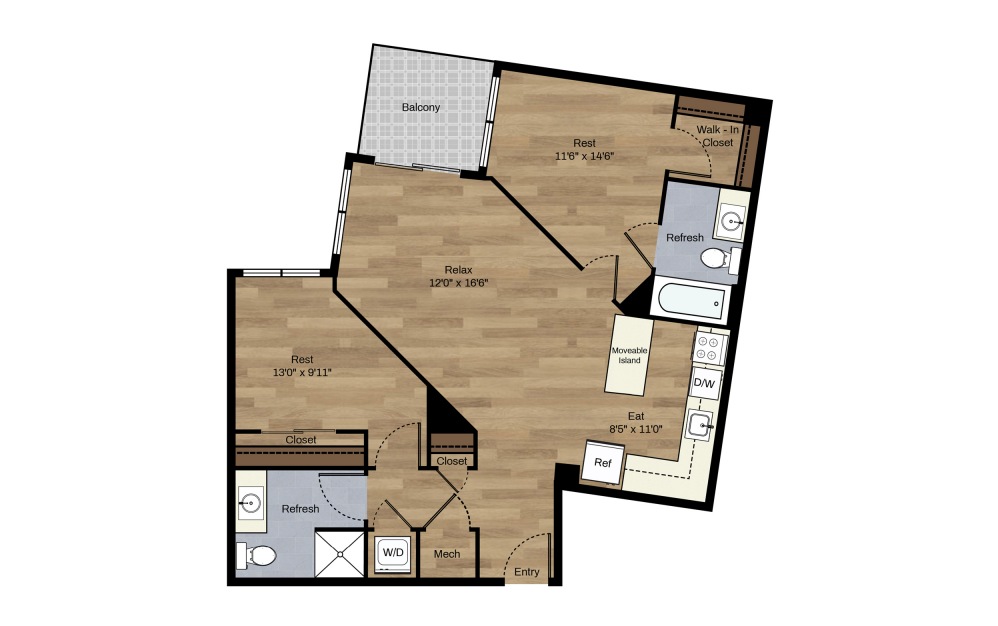 F-14 - 2 bedroom floorplan layout with 2 baths and 918 square feet.
