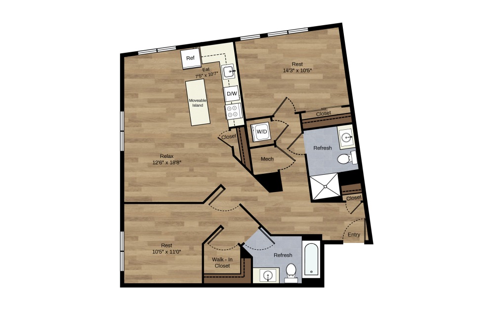F-15 - 2 bedroom floorplan layout with 2 baths and 1050 square feet.