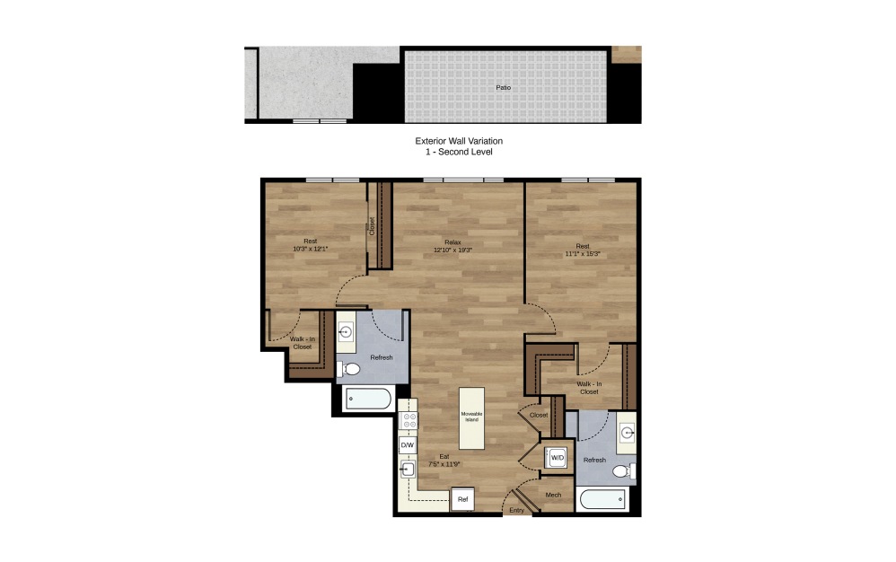 F-1 - 2 bedroom floorplan layout with 2 baths and 1044 square feet.