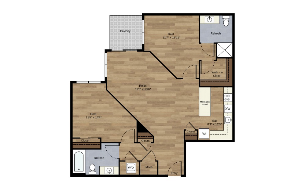 F-2 - 2 bedroom floorplan layout with 2 baths and 986 square feet.