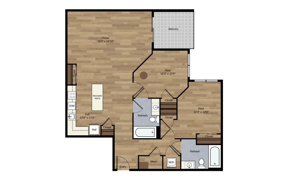 F-2A - 2 bedroom floorplan layout with 2 baths and 986 square feet.