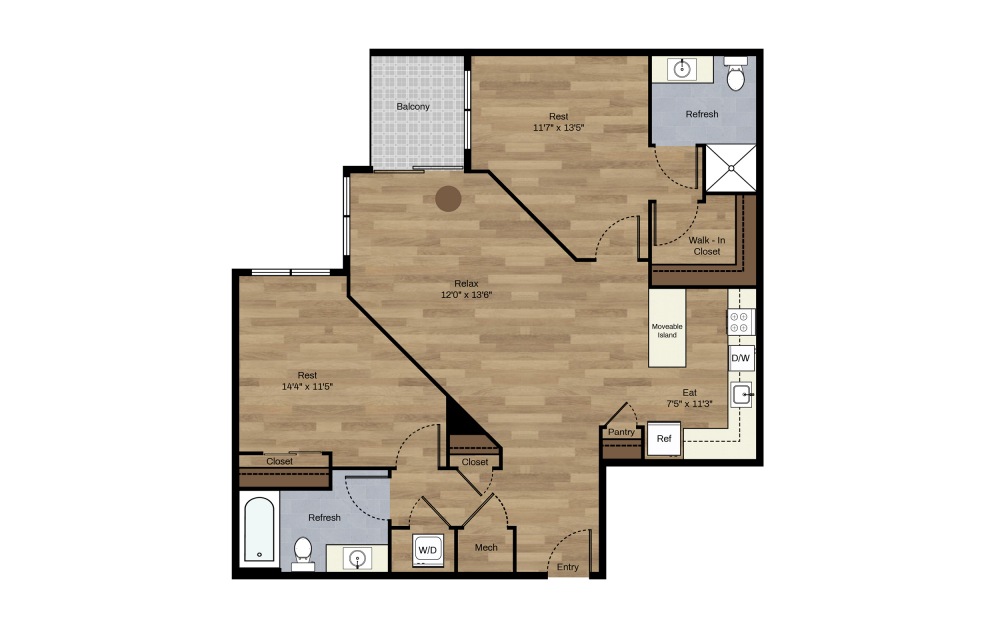 F-2B - 2 bedroom floorplan layout with 2 baths and 986 square feet.