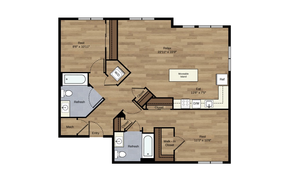 F-3 - 2 bedroom floorplan layout with 2 baths and 1024 square feet.
