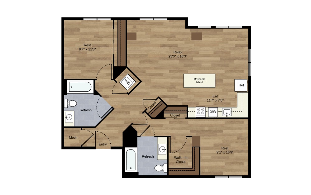 F-3A - 2 bedroom floorplan layout with 2 baths and 1024 square feet.