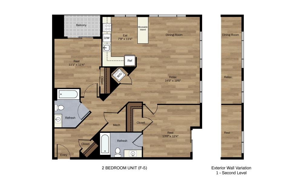 F-5 - 2 bedroom floorplan layout with 2 baths and 1097 square feet.