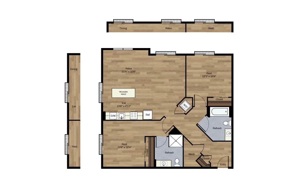 F-6 - 2 bedroom floorplan layout with 2 baths and 1051 square feet.