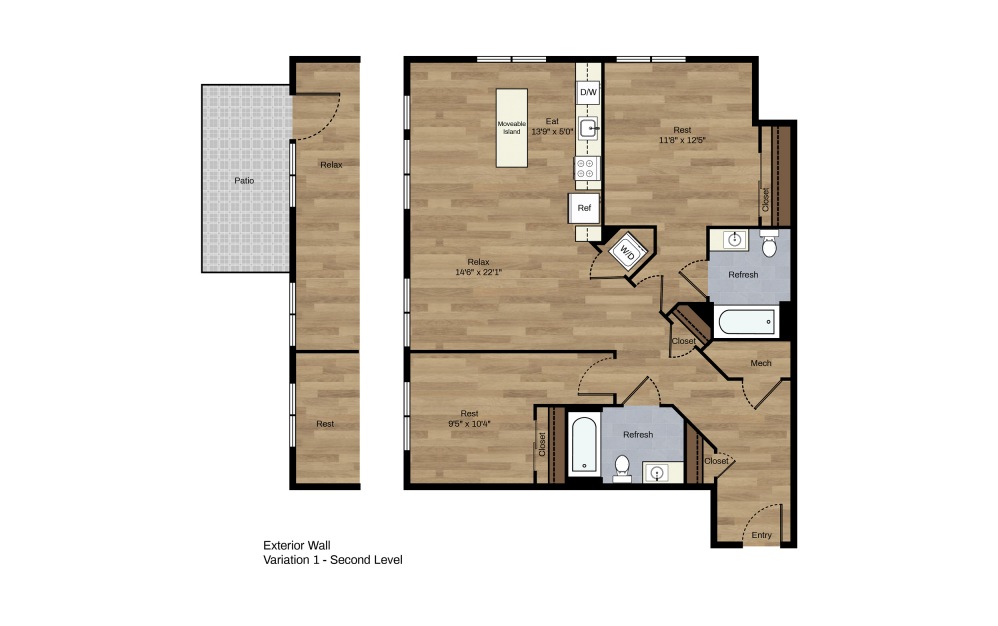 F-7 - 2 bedroom floorplan layout with 2 baths and 1008 square feet.