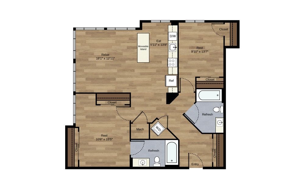 F-9 - 2 bedroom floorplan layout with 2 baths and 986 square feet.