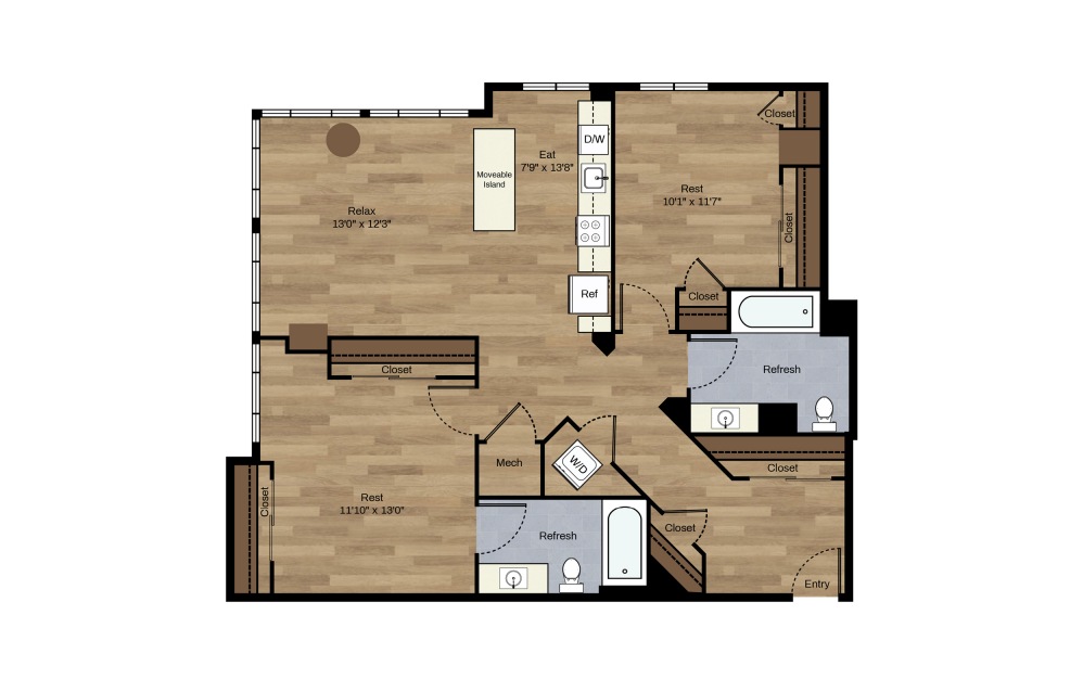 F-9A - 2 bedroom floorplan layout with 2 baths and 986 square feet.