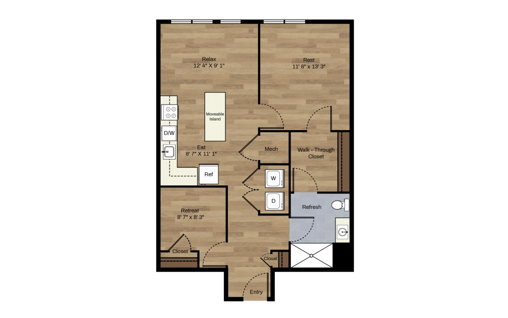 D-2 + Den - 1 bedroom floorplan layout with 1 bath and 773 square feet.
