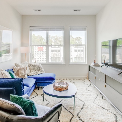Model living room at our apartments in Arlington, VA, featuring a white rug, large window, and a flat screen TV. 
