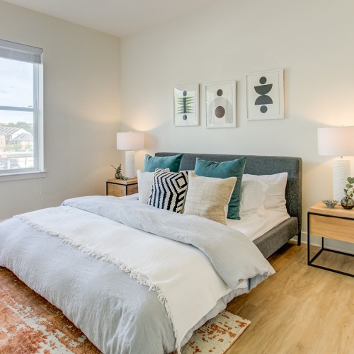 Bedroom with natural lighting and high ceilings
