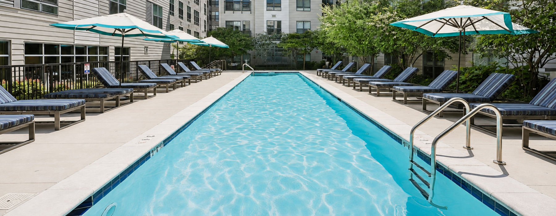 Outdoor resort-style swimming pool and sun lounge deck at Centro Arlington apartments